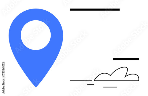 Blue location pin with abstract lines and a cloud. Ideal for map directions, GPS, travel, geolocation, digital mapping, route planning, user interface. Clean and simple flat metaphor