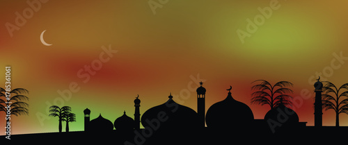 Beautiful silhouette of mosque with palm trees and crescent moon in sunset sky, Islamic background for Ramadan, Eid al-Fitr, or Eid al-Adha and Isra Miraj celebrations. eps10.