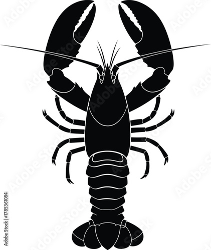 Silhouette of a black lobster with claws raised against a white background