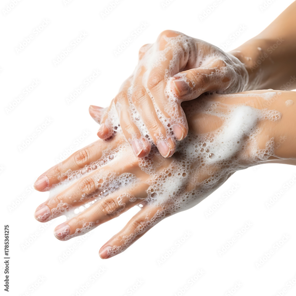Fototapeta premium Person washing hands thoroughly with soap foam, emphasizing hygiene and cleanliness isolated on transparent background