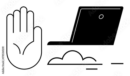 Open hand gesture beside a laptop over a cloud shape, symbolizing blocking access, privacy, and data protection. Ideal for security, technology, privacy concerns, cloud computing, control authority