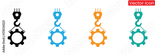 Cogwheel icon set.he Crane icon represents construction and heavy lifting,Colorful crane hook lifting gear for industry and construction,