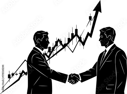 Stock market growth with partnership handshake deal silhouette
