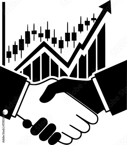 Stock market growth with partnership handshake deal silhouette
