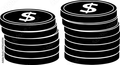 Two stacks of coins with dollar signs in black and white silhouette
