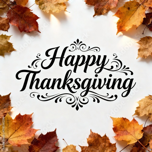 Happy Thanksgiving greeting with autumn leaves arranged in a circular frame around elegant text on a white background.Thanksgiving Day