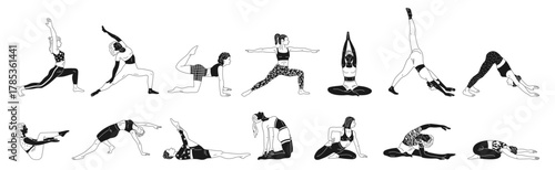 Women do yoga and Pilates exercises cartoon monochrome set. Healthy wellness lifestyle. Fitness woman doing various stretching, meditation and relaxation, gym sport body training vector illustration