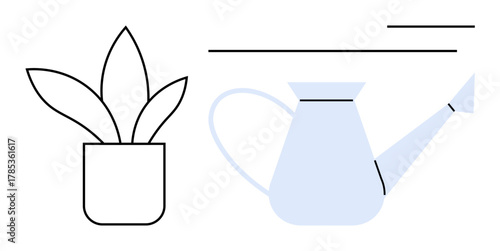 Potted plant with large leaves next to a blue watering can, symbolizing growth, care, and sustainability. Ideal for gardening, wellness, minimalism, nature ecology growth home decor. Simple flat