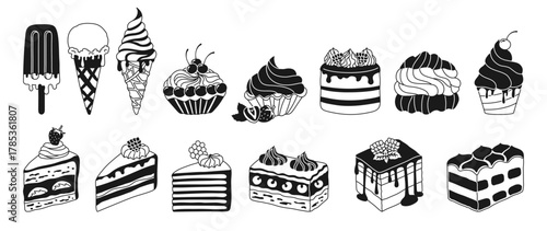 Cakes, pieces of cake and ice cream, different types desserts black and white glyph set. Birthday various slices cakes texture illustration. Sweet holiday bakery art. Vector hand drawn cartoon design