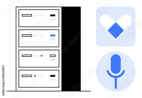 Vertical data servers alongside icons for voice recognition and healthcare apps. Ideal for technology, storage, healthcare, AI, medicine, automation, modern interface. Simple flat metaphor