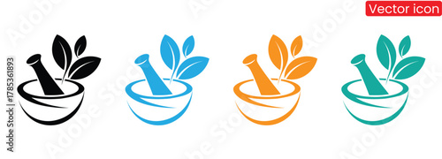 Modern mortar and pestle icon set for natural healthcare solutions