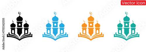 Elegant mosque icon with crescent moon atop open book in multiple colors,Mosque silhouette icon, Islamic place of worship, Muslim worship, vector illustration. Flat mosque vector. Ramadan Kareem, Hajj