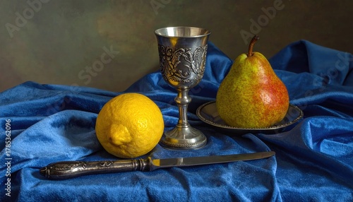 Still life lemon, pear, ornate goblet and knife on blue cloth