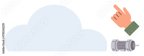 Hand pointing to a cloud with an industrial machine component symbolizing digital connectivity, automation, innovation, and cloud technology. Ideal for tech, industry, manufacturing, engineering