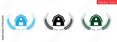 Rustic barn logo set, farm house in wheat wreath designs,Farmhouse icon. Hillside farmstead sign. Vineyard fields landscape and house symbol. Vector illustration