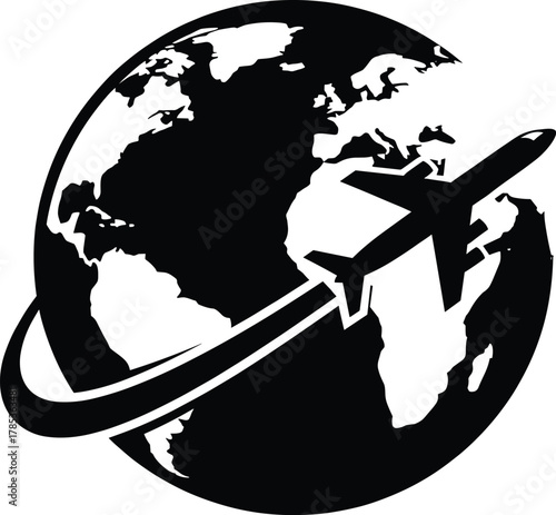 Airplane flying around Earth globe vector illustration symbolizing international travel, aviation, global connectivity, tourism, motion, and worldwide transportation routes.