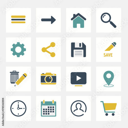 A grid of sixteen flat design user interface icons in teal, yellow, and grey, representing common web and app functions like menu, home, search, settings, save, share, camera, and shopping cart.