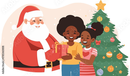Santa Claus joyfully presents gifts to two smiling children near a decorated Christmas tree, spreading holiday cheer and festive spirit.