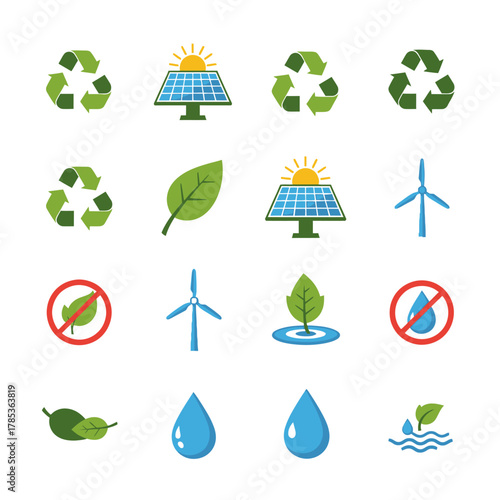 A collection of environmental and ecological flat design icons including recycling, solar energy, wind power, leaves, and water.