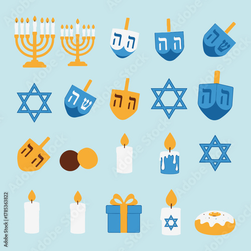 A collection of Hanukkah symbols and items including menorahs, dreidels, Stars of David, candles, gelt, a gift, and a donut on a light blue background.