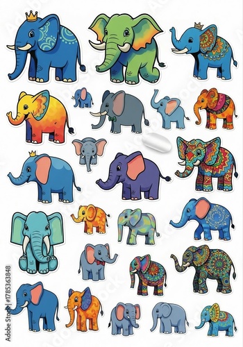 Whimsical Elephants Adorned with Bright Patterns and Colors