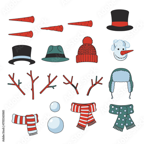 Collection of snowman accessories including hats, scarves, carrots, and branches on a white background, ready for winter fun.