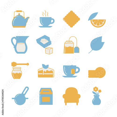 A collection of flat design icons representing various elements of tea time, including beverages, snacks, and related accessories.