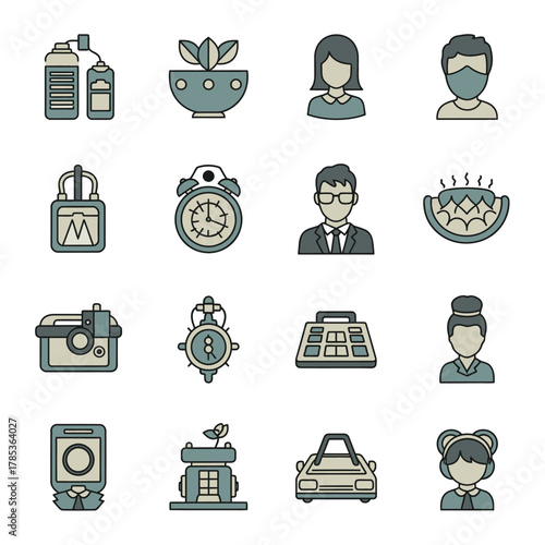 A collection of sixteen flat design icons depicting various objects, people, and technology, including a car, camera, plant, and different human figures.