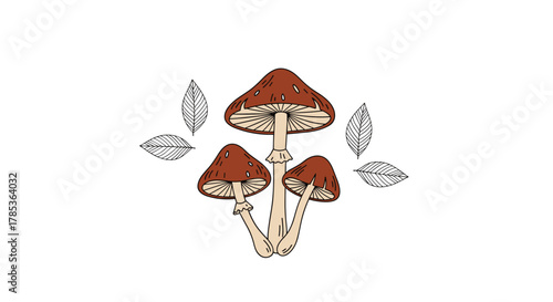 An illustration of three brown-capped mushrooms with light stems, surrounded by four delicate line-art leaves, presented on a minimalist white background.