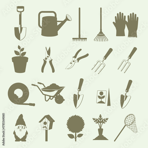 A comprehensive set of gardening tools and accessories depicted as monochrome silhouettes, including shovels, rakes, watering cans, gloves, plants, and various other items for horticulture.