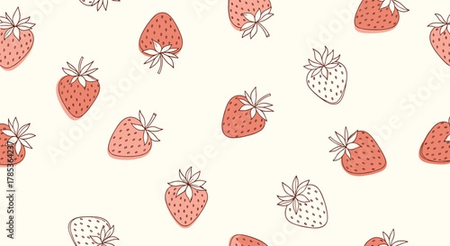 Hand-drawn strawberry pattern on a cream background, featuring fresh fruit illustrations for a sweet summer design.