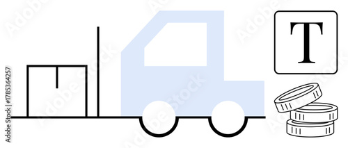 Forklift carrying package, coins, financial T text element. Ideal for business, economy, logistics, transportation, supply chain warehouse management and finance themes. Simple flat metaphor
