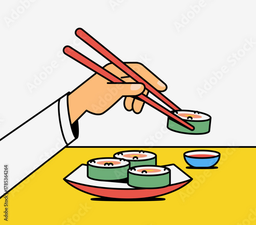 Hand using chopsticks to pick up sushi from a plate in a clean minimal cartoon style illustration