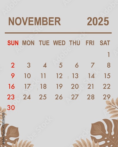 Autumn-themed November Calendar with Falling Leaf Illustrations