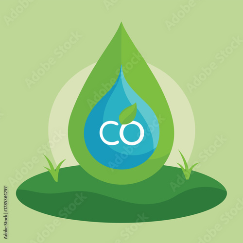 Green Drop Symbol with C O2 and Leaf on Hill carbon dioxide