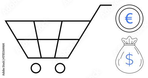 Minimalist shopping cart linked to euro coin and dollar money bag emphasizing global trade and budgeting. Ideal for e-commerce, retail, economy, savings, investment, purchasing, shopping trends