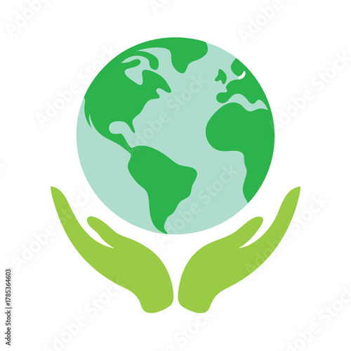 Green Hands Cupping Earth Globe Icon On White Background Keywords: hands, holding, earth, globe