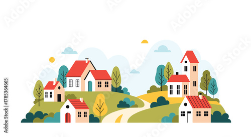 A charming and colorful village with diverse houses, lush green hills, and a winding road under a bright, sunny sky.