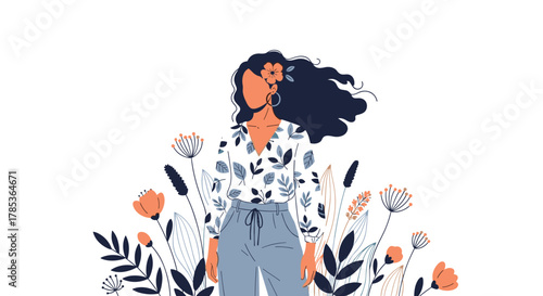 A stylish woman with dark, flowing hair and a flower in her hair, wearing a floral top and light blue pants, stands amidst wildflowers.