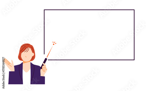 ビジネスウーマンがレーザーポインターを使ってボードを指しているイラスト。フラットデザイン。
