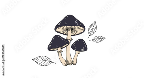 A charming illustration featuring a cluster of three stylized mushrooms with dark caps and light stems, accented by delicate line-art leaves on a white background.