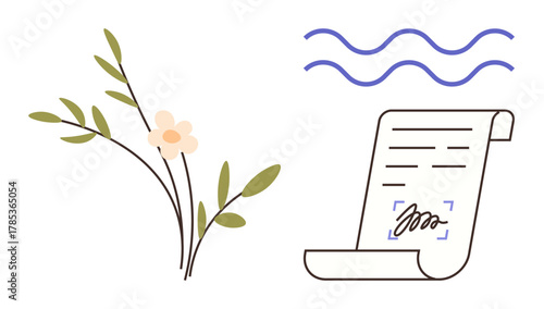 Scroll-style signed document with highlighted signature, delicate floral branch, and wavy lines. Ideal for business, contracts, agreements, creativity, eco-friendly themes, nature authenticity