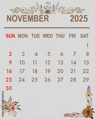 Autumn-themed November Calendar with Falling Leaf Illustrations