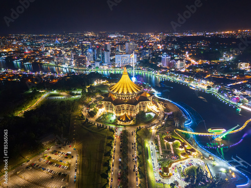 Fototapeta Naklejka Na Ścianę i Meble -  Panorama view of Sarawak Kuching city waterfront, Sarawak East Malaysia.