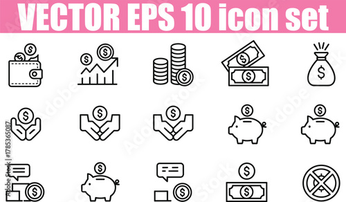 Financial and money icons set with coins, wallet, piggy bank, and banknotes Modern Icon Set for UI UX and Digital Design vector icon set 