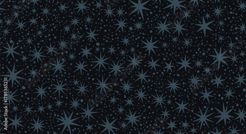 A seamless pattern of stylized, hand-drawn grey-blue stars and dots on a dark blue background, evoking a whimsical night sky or retro design.