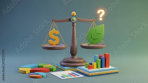 “Sustainability vs Profit Balance Scale with Dollar Sign and Green Leaf, Eco Finance Choice, Environmental Economics, Investment Decision, Data Analytics Charts and Business Growth Concept”