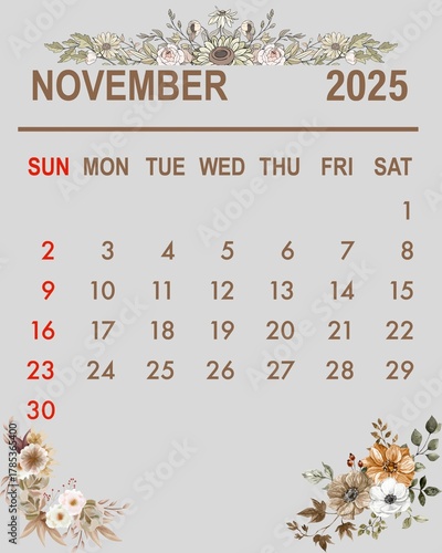 Autumn-themed November Calendar with Falling Leaf Illustrations