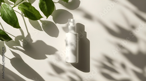 a bottle of lotion and a leaf on a white surface