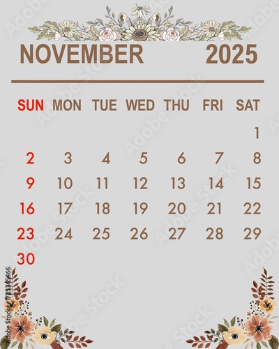 Autumn-themed November Calendar with Falling Leaf Illustrations